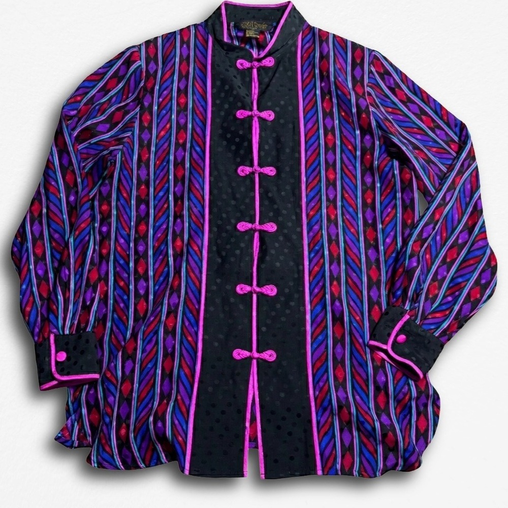Bob Mackie Wearable Art Silk Blouse Purple Geometric Frog‎ Closure Mandarin Med